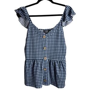 BELLE by Belldini Gingham Top NWT Blue White Button Detail Front Smocked Size S